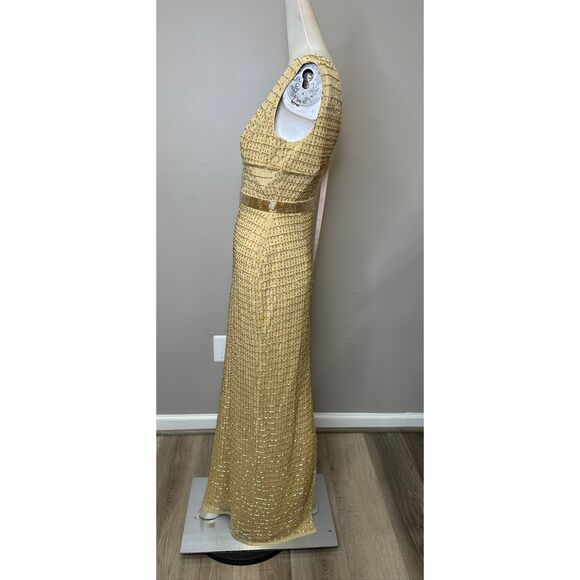 MAC DUGGAL Gold Beaded Cap Sleeve V Neck Column Gown In Gold US 2 $598 - Picture 6 of 10